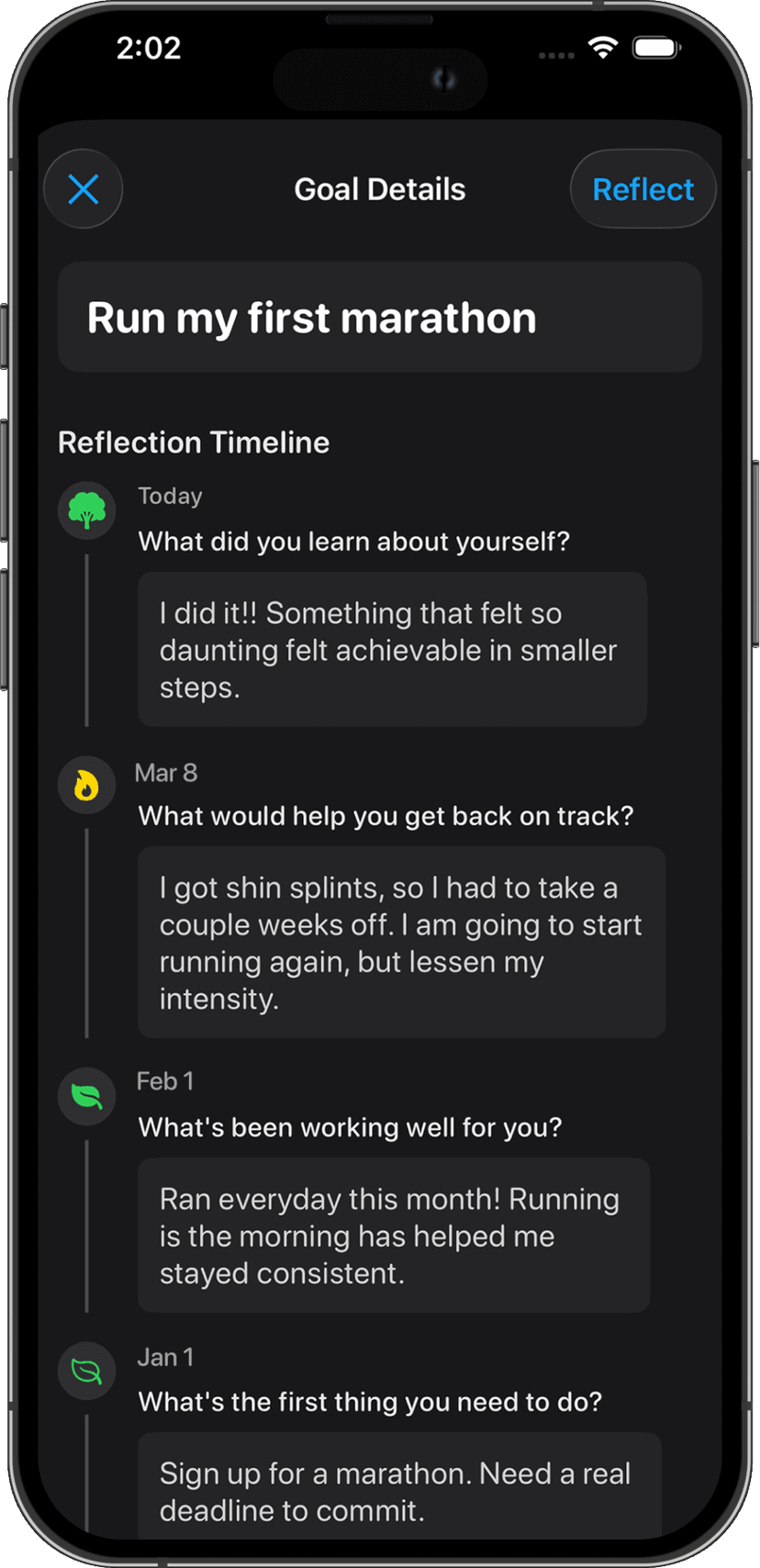 Resolutely App - Goal Reflection Timeline